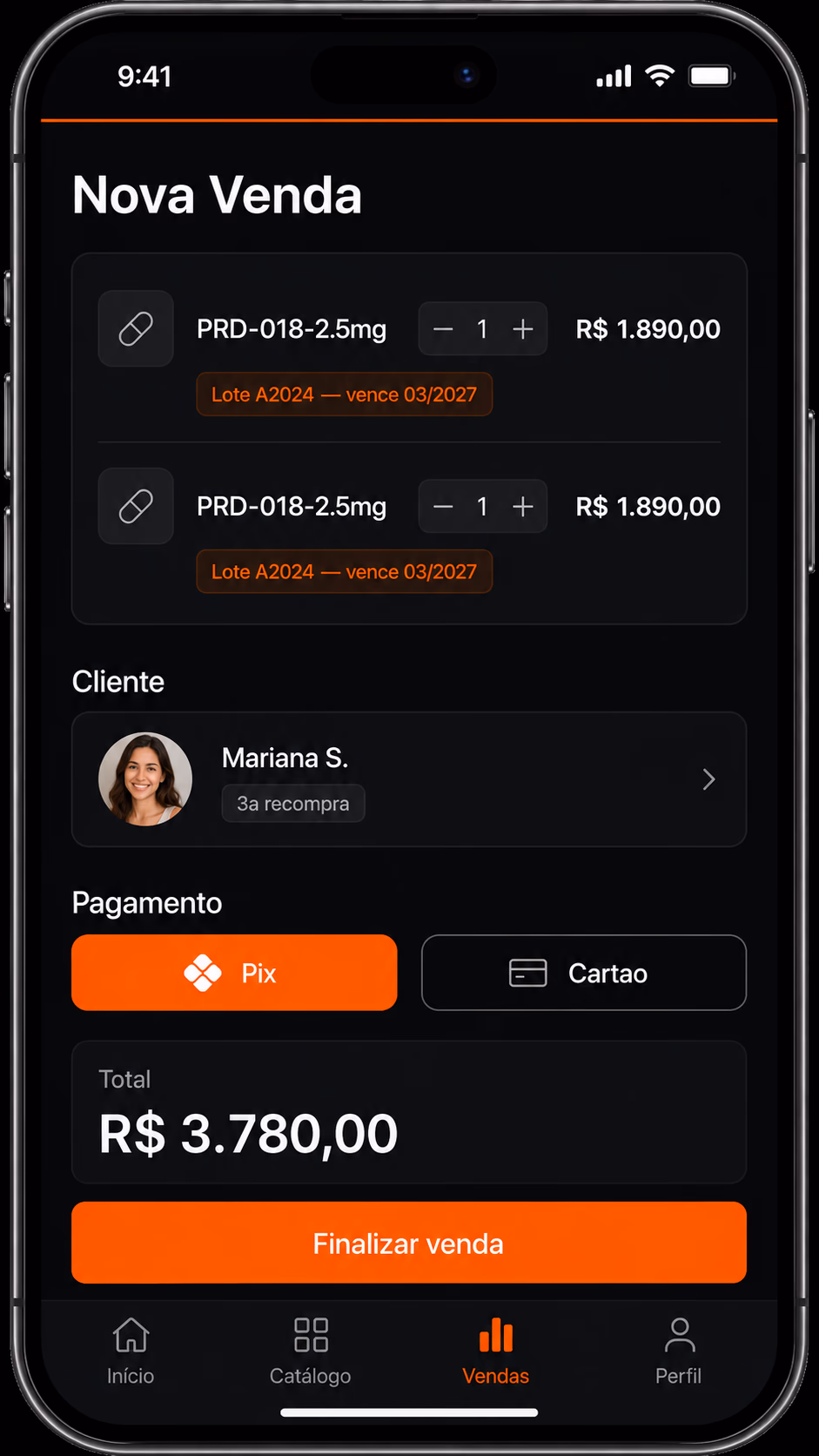 Tela do iPharma mostrando nova venda em andamento, com produto, lote e cliente selecionados